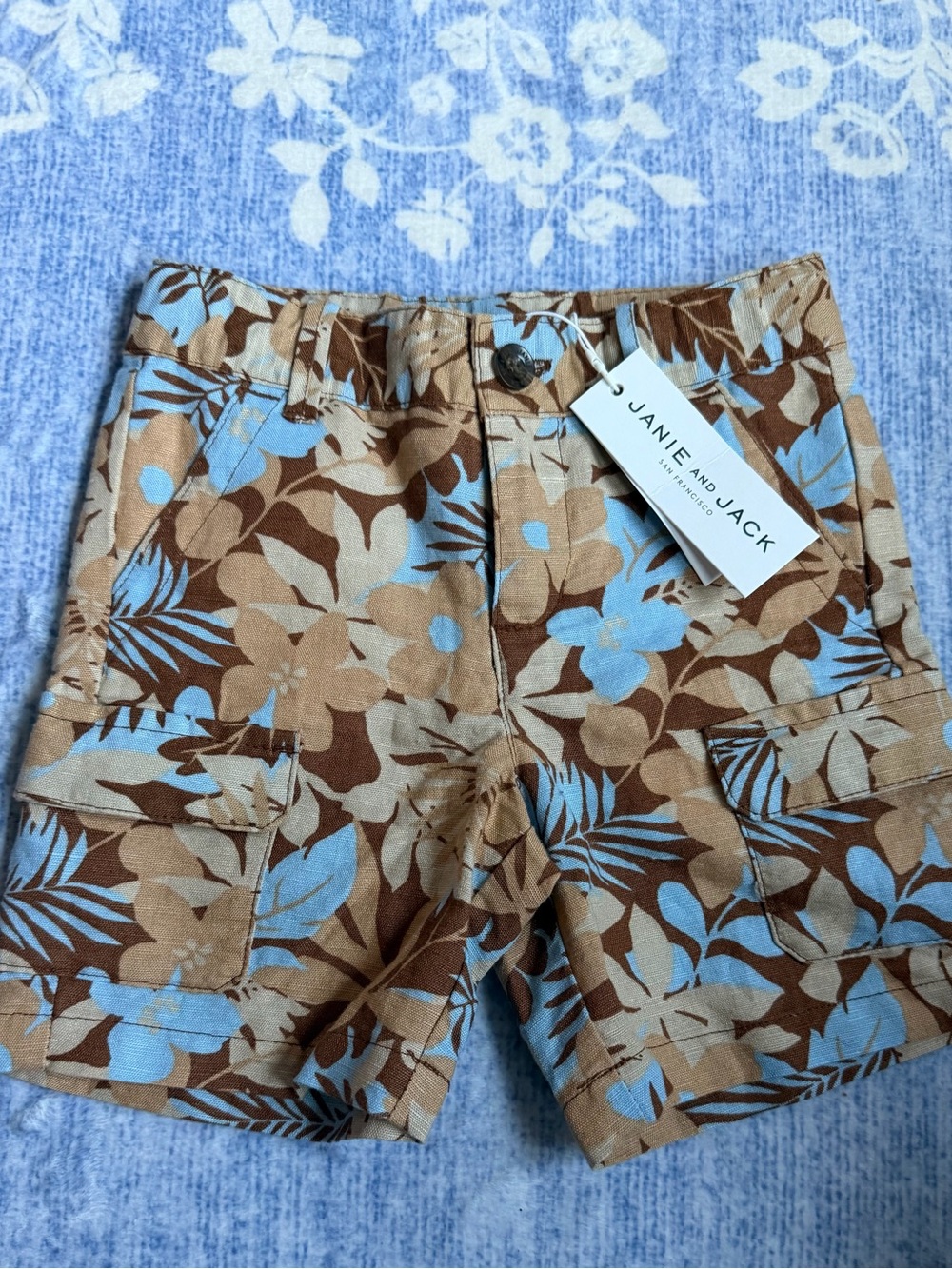Janie and Jack Brown, Tan & Light Blue Floral Cargo Shorts
